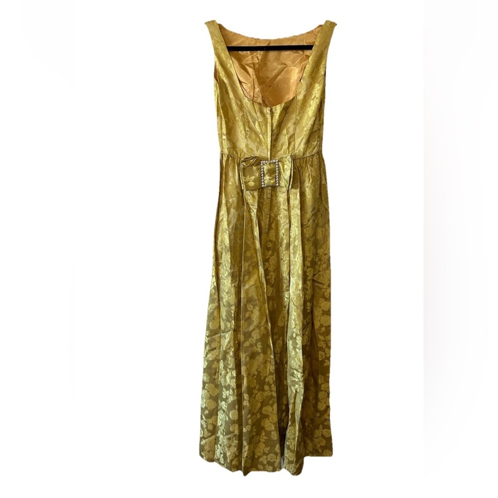 VTG 50s Gold Floral Brocade Maxi Dress Boat Neck Rhinestone Belt XS